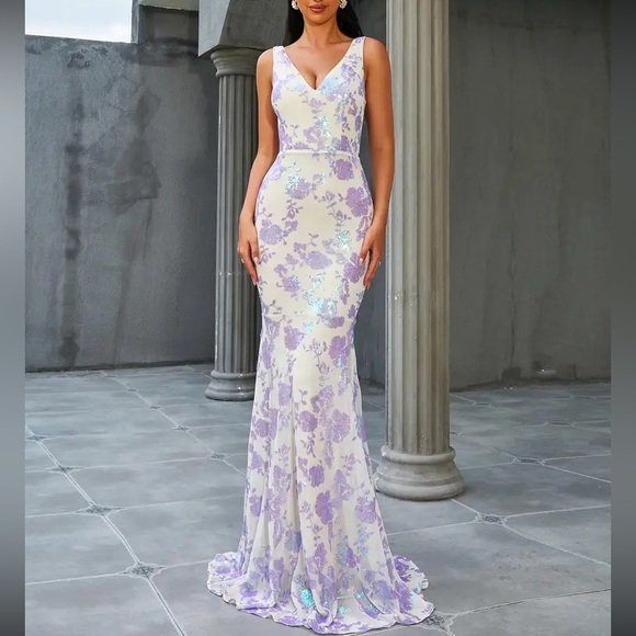 Luxe plunging V neck mermaid hem prom party sequins dress - Picture 4 of 5